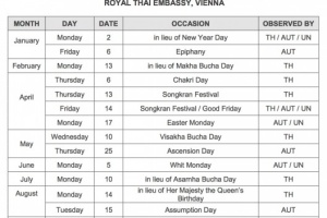 <strong>Read more about</strong><br />OFFICIAL HOLIDAYS FOR THE YEAR 2017 (B.E. 2560) ROYAL THAI EMBASSY, VIENNA OFFICIAL HOLIDAYS FOR THE YEAR 2017 (B.E. 2560) ROYAL THAI EMBASSY, VIENNA