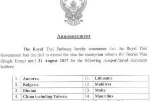 The Royal Thai Embassy hereby announces that the Royal Thai Government has decided to extend the visa fee exemption scheme for Tourist Visa (Single Entry) until 31 August 2017 for the following passport/travel document holders