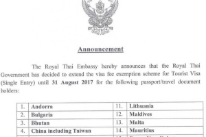 <strong>Read more about</strong><br />The Royal Thai Embassy hereby announces that the Royal Thai Government has decided to extend the visa fee exemption scheme for Tourist Visa (Single Entry) until 31 August 2017 for the following passport/travel document holders The Royal Thai Embassy hereby announces that the Royal Thai Government has decided to extend the visa fee exemption scheme for Tourist Visa (Single Entry) until 31 August 2017 for the following passport/travel document holders