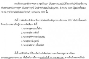 <strong>Read more about</strong><br />ประกาศสถานเอกอัครราชทูต ณ กรุงเวียนนา เรื่อง รายชื่อผู้ผ่านการคัดเลือกนักศึกษาฝึกงาน ช่วงเดือนมิถุนายน - สิงหาคม 2561 ประกาศสถานเอกอัครราชทูต ณ กรุงเวียนนา เรื่อง รายชื่อผู้ผ่านการคัดเลือกนักศึกษาฝึกงาน ช่วงเดือนมิถุนายน - สิงหาคม 2561