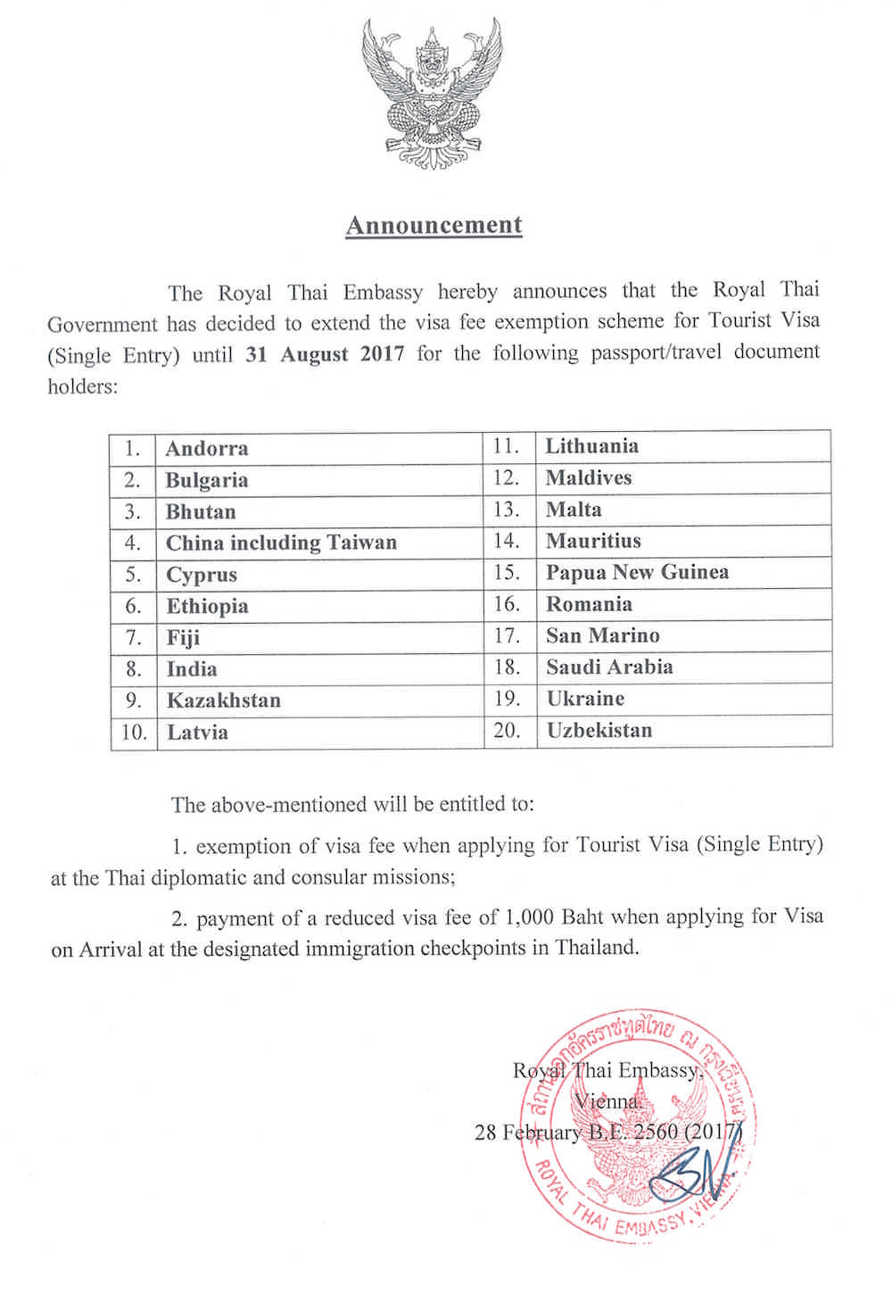 announcement on visa extension to 20 territories