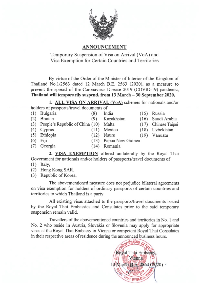 Announcement Temporary Suspension of VoA and Visa Exemption Scheme for Certain Countries and Territories